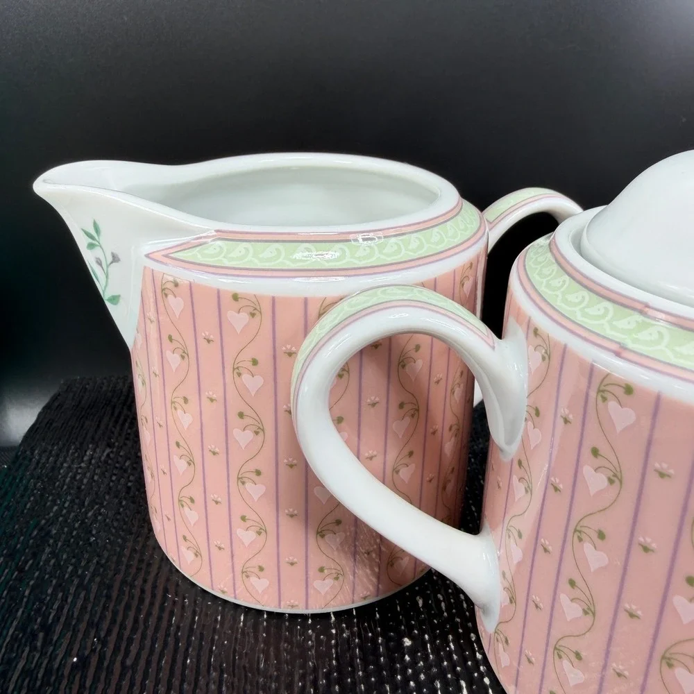 Lynn Hollyn Toscany Town Country Creamer Sugar‎ Bowl Set Pink Heart Stripe Japan